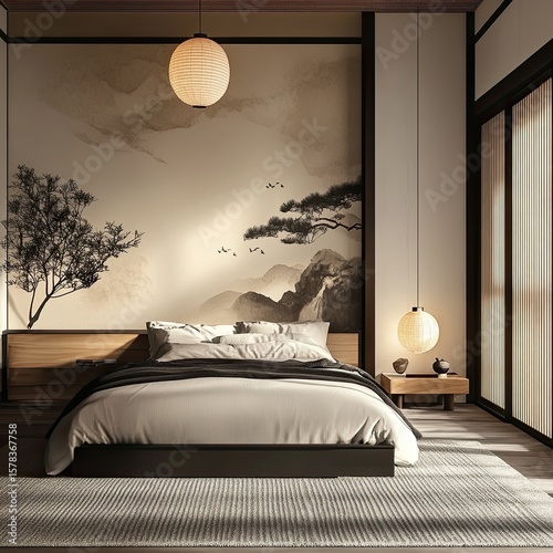 Serene bedroom with minimalist Japanese-inspired design featuring a calming landscape mural, wooden furniture, and soft lighting