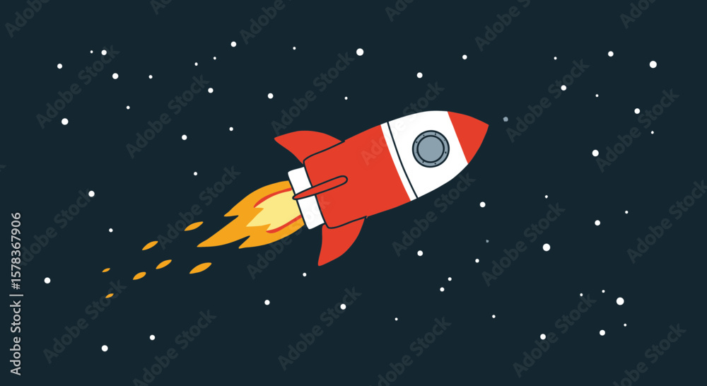 Naklejka premium Cartoon Red and White Rocket Ship Launching with Fiery Exhaust.