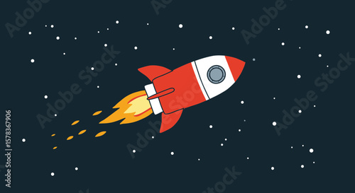 Cartoon Red and White Rocket Ship Launching with Fiery Exhaust.