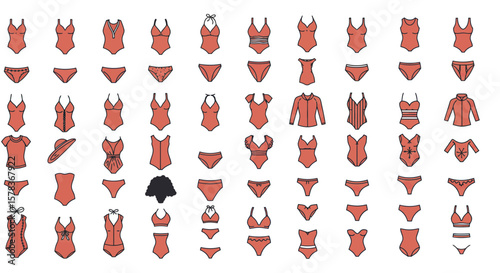 Collection of CoralColored Womens Swimsuits and Bikini Sets.