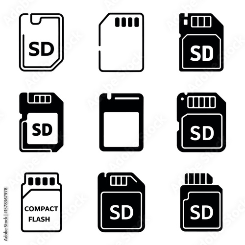 Collection of sd and compact flash memory card icons in black and white