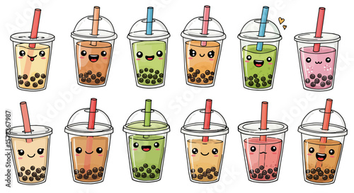Cute Kawaii Boba Tea Drinks in Plastic Cups.