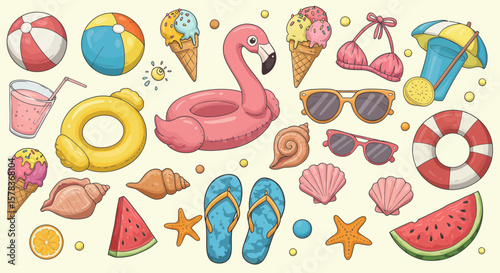 Inflatable Pink Flamingo Pool Float Summer Fun Illustration.