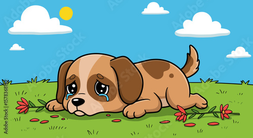 Sad Cartoon Dog with Flowers and Tears.