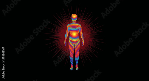 Rainbow Striped Human Figure with Glowing Solar Plexus and Red Aura.