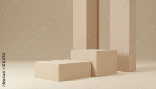 Minimal beige podium with three geometric shapes and soft lighting for product display