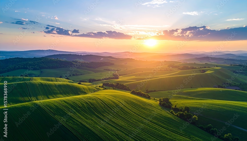 Fototapeta premium Aerial sunset view of green crop fields. Golden sun above horizon, dramatic sky