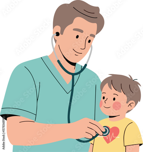 Female pediatrician uses a stethoscope to examine a smiling baby boy during a check-up at a healthcare clinic