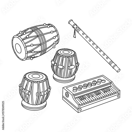 Collection of indian musical instruments including tabla dholak and flute isolated on transparent background