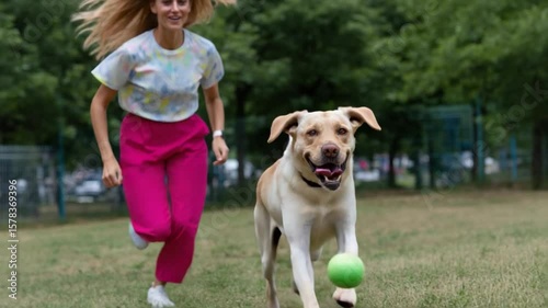 Joyful Playtime: A woman and her loyal companion, a labrador, share a moment of unrestrained joy during a playful romp in a sun-kissed park.