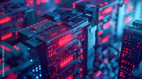 isometric D data center with glowing red breach alert floating binary code dark blue background on cracked server .