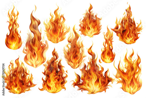 A collection of various fiery flames isolated on a transparent background