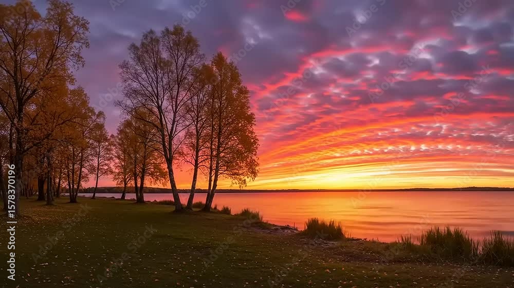 Vibrant sunset over a serene lake with autumn trees lining the shore, reflecting colorful skies Vibrant sunset over a serene lake with autumn trees lining the shore, reflecting colorful skies