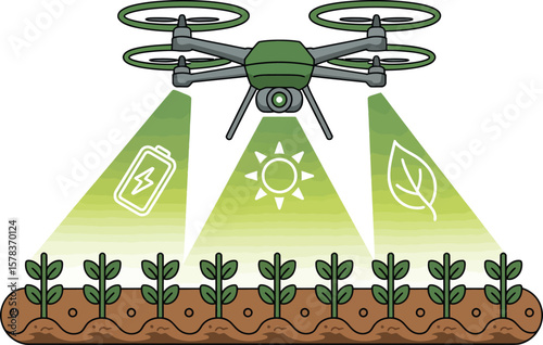 Drone monitoring crops in a field showing battery sun and leaf icons ai generated vector design