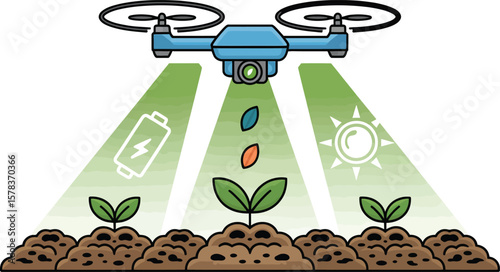 Drone monitors and helps plants grow with water sunlight and battery power ai generated vector design