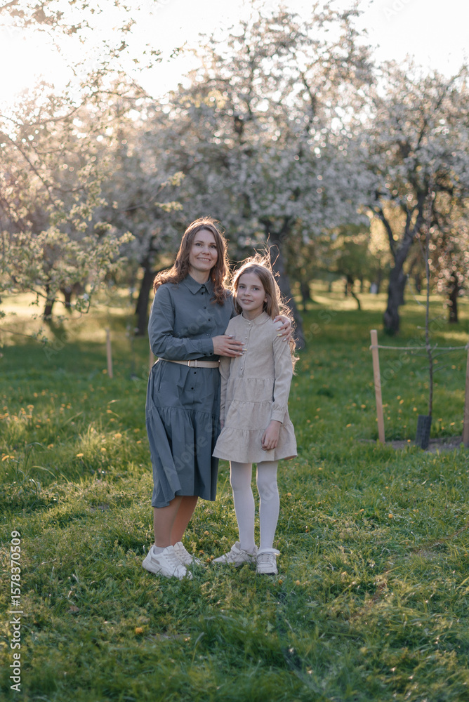 Fototapeta premium A young mother hugs her child in the park. Happy family, mom and daughter, walking in the park