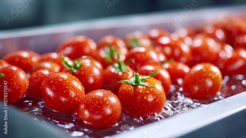 Close-up of Fresh Cherry Tomatoes Being Rinsed in Clear Water with Natural Droplets