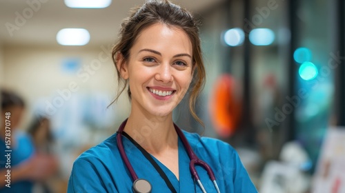 Free Download Cheerful female nurse in scrubs, smiling confidently in a hospital hallway, promoting healthcare and wellness. - GFXLoad