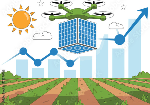 Drone monitors solar energy production and agricultural growth with upward trend graph ai generated vector design