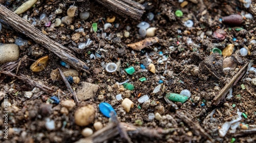 Close-up view of soil mixed with colorful microplastics and natural debris, highlighting environmental pollution.