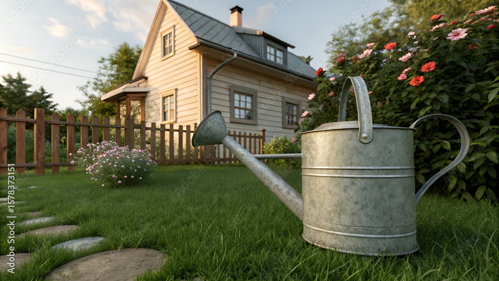 Watering can in garden scenic landscape backyard house flowers peaceful outdoor gardening tool equipment 100 Watering can in garden scenic landscape backyard house flowers peaceful outdoor gardening tool equipment 100