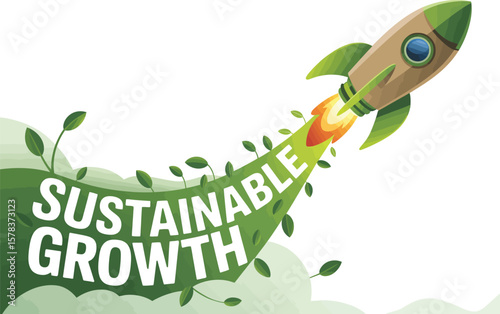 Green rocket launching with sustainable growth text and leaves symbolizing eco friendly progress ai generated vector design