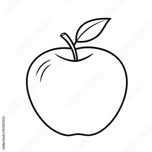 Classic apple line drawing with a leaf on white background
