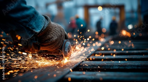 Close-up of a gloved hand using an angle grinder on dark metal beams, creating fiery sparks, with blurred background of workers in hard hats at an industrial site.
