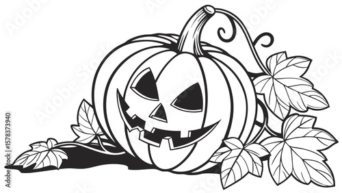 Halloween pumpkin coloring page vector illustration jack o lantern with leaves and vine design for kids 100