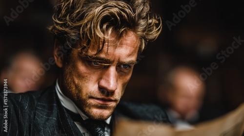Intense blue-eyed man with tousled golden-brown hair and light stubble in a dark pinstriped suit, white shirt, and dark tie, focused and serious in a blurred, populated, moody professional setting.