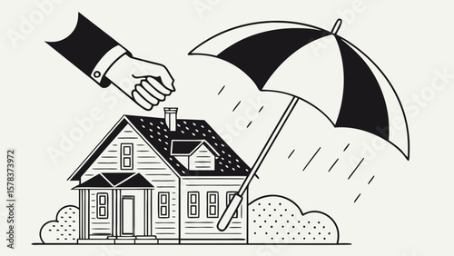 Home insurance protection concept with hand and umbrella covering house from rain vector illustration