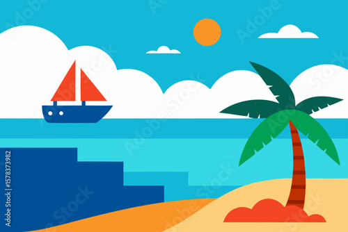 beach scene with ship in the sea