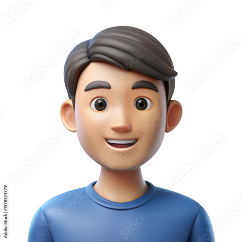 A cheerful cartoon man isolated on transparent background is presented as a friendly 3d avatar