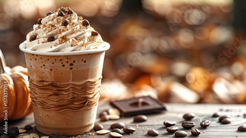 Cozy Fall Concept of Pumpkin Latte in Coffee Cup Topped with Cream and Chocolate for Seasonal Beverage and Autumn Drink Design

