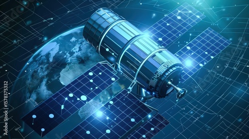 isometric D spy satellite monitoring encrypted messages neon blue and black on satellite .