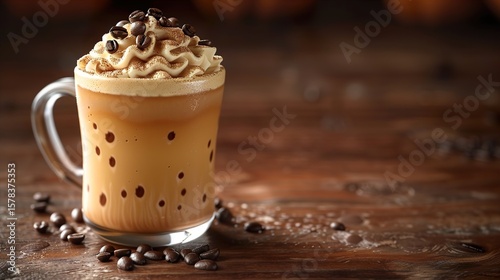 Cozy Fall Concept of Pumpkin Latte in Coffee Cup Topped with Cream and Chocolate for Seasonal Beverage and Autumn Drink Design

