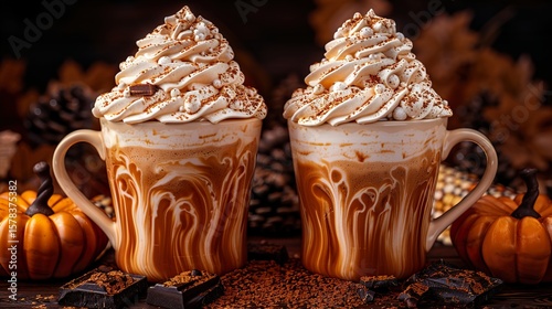 Cozy fall concept of a pumpkin latte in a coffee cup topped with cream and chocolate,  