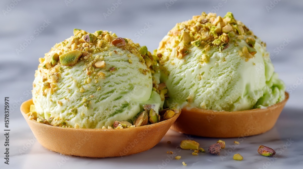 Two Scoops of Homemade Pistachio Ice Cream Topped with Crushed Nuts in Waffle Cups Two Scoops of Homemade Pistachio Ice Cream Topped with Crushed Nuts in Waffle Cups