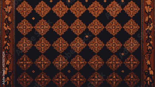 Hand loomed Yakan fabrics Weaving Filipino,Intricate pattern of floral elements and geometric shapes creates a detailed textile art on a dark blue background.