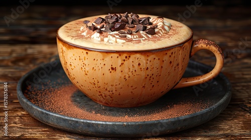 Cozy fall concept of a pumpkin latte in a coffee cup topped with cream and chocolate,  