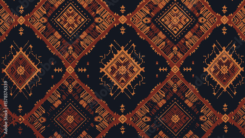 Hand loomed Yakan fabrics Weaving Filipino,Intricate ethnic textile design showcases a rich tapestry of traditional patterns with geometric diamond motifs and vibrant colors.