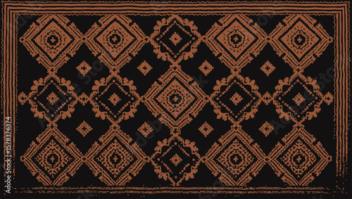 Hand loomed Yakan fabrics Weaving Filipino,Decorative textile displays intricate geometric designs in orange hues against a dark navy backdrop.