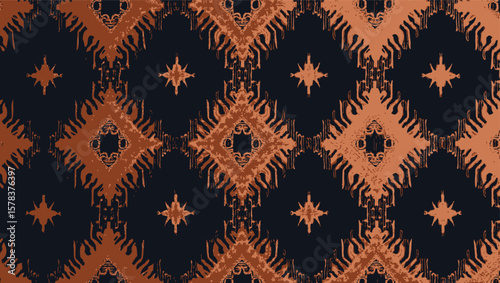 Hand loomed Yakan fabrics Weaving Filipino,Intricate batik background showcases orange and black diamond patterns on a dark backdrop for textile art design.