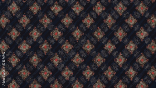 Hand loomed Yakan fabrics Weaving Filipino,Detailed pattern features intricate rhombus shapes with warm orange accents on a dark indigo background.