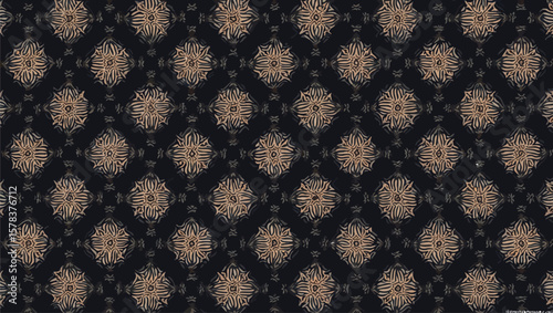 Hand loomed Yakan fabrics Weaving Filipino,Dark background features a symmetrical design with tan geometric shapes and tile pattern repeats beautifully.