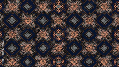 Hand loomed Yakan fabrics Weaving Filipino,Ornate background pattern with diamond and floral shapes on a navy backdrop creates a visually striking design element.