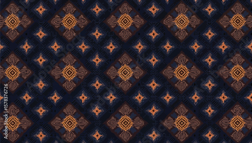 Hand loomed Yakan fabrics Weaving Filipino,Exquisite geometric floral pattern offers intricate details in orange and navy for rich textile design and backgrounds.