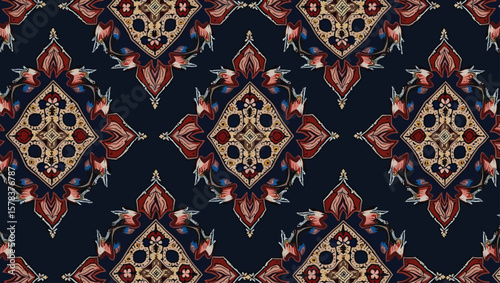 Hand loomed Yakan fabrics Weaving Filipino,Elegant seamless design features a floral and geometric pattern on a dark blue background creating a refined textile print.
