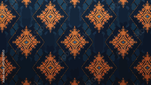 Hand loomed Yakan fabrics Weaving Filipino, Ornamental bronze pattern creates an elegant and sophisticated surface design on a deep navy backdrop.