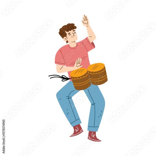 Vector Illustration Man Playing Bongos with Enthusiastic Groove